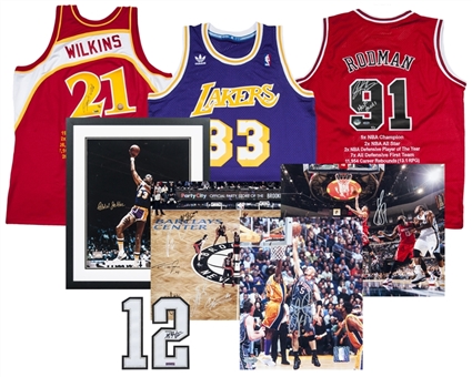 Lot of (8) NBA Signed Memorabilla (3 Jerseys, 4 photos, 1 jersey number tag) (PSA Precert)